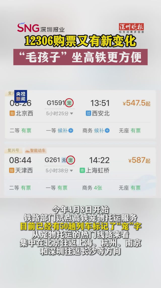 12306购票又有新变化，“毛孩子” 坐高铁更方便