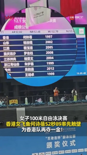 女子100米自由泳决赛，香港女飞鱼何诗蓓52秒89率先触壁，为香港队再夺一金！
